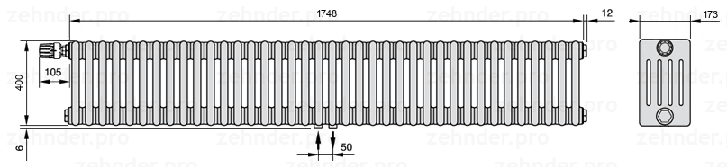 Схема (чертеж) Радиатор Zehnder Charleston 5040/38 №V007 Белый глянцевый RAL 9016